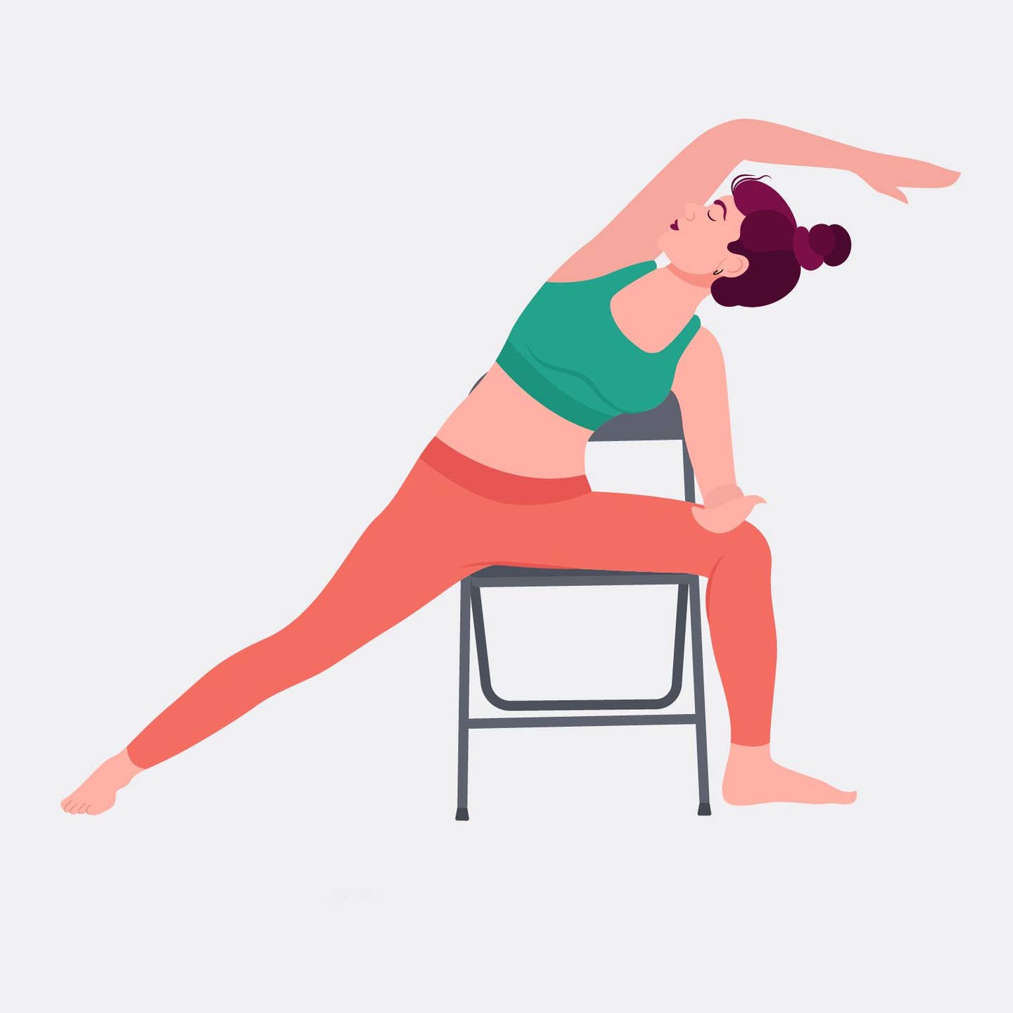 illustration of woman in chair doing a seated side angle yoga pose