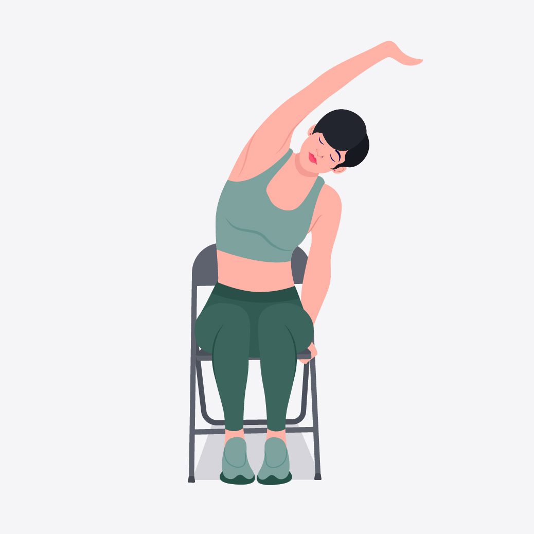 illustration of woman in chair doing a seated side bend stretch