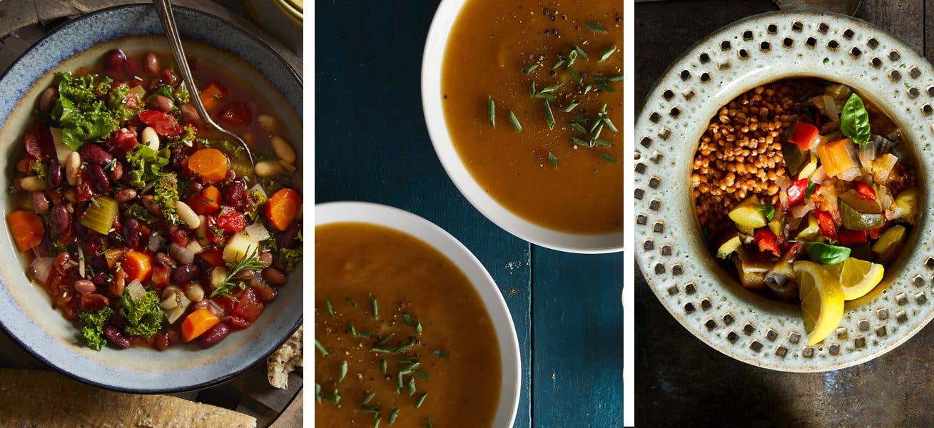 three photos showing three different vegan slow-cooker meals, including cassoulet, potato leek soup, and ratatouille