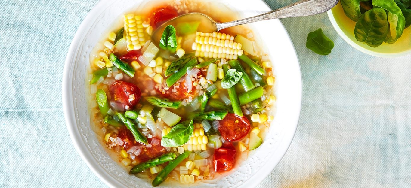 Summer Harvest Soup with Zucchini, Corn, Tomatoes, Asparagus, and Green Beans