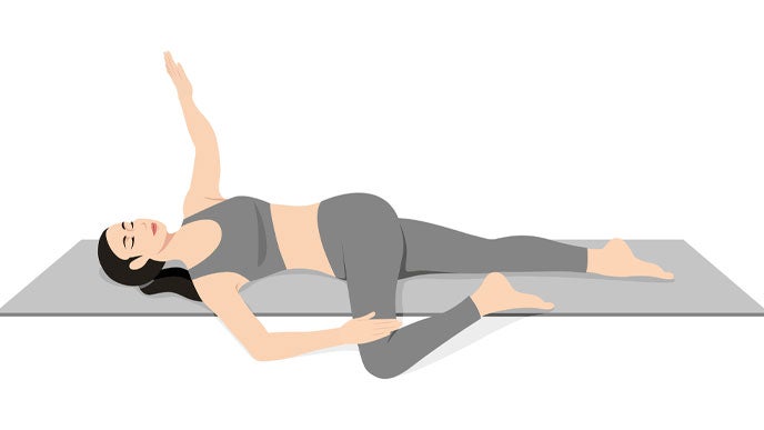 Illustration of a woman in a Supine Twist (Supta Matsyendrasana)